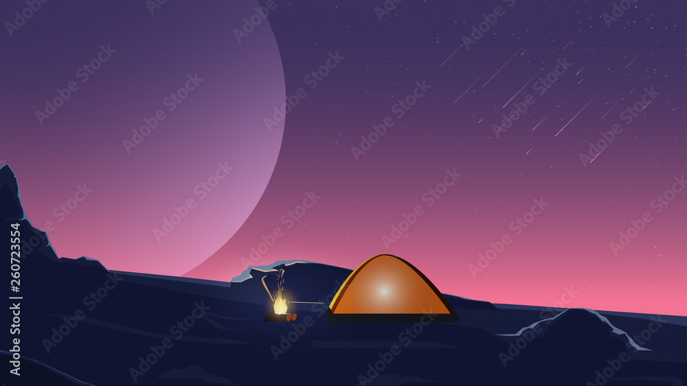 Starry sky, field, fire, tent. Night landscape.