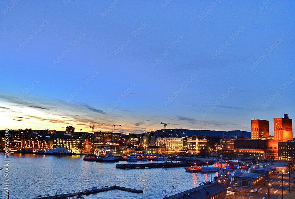 Night view at Oslo City Hall, Harbor and the rest of the city