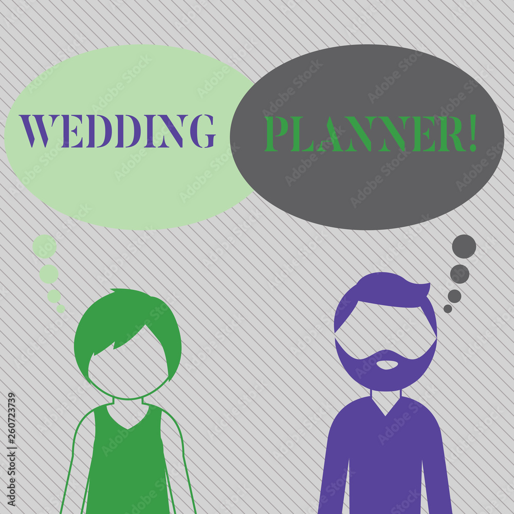 Text sign showing Wedding Planner. Business photo showcasing professional who assists with design planning and analysisagement Bearded Man and Woman Faceless Profile with Blank Colorful Thought Bubble Text sign showing Wedding Planner. Business photo showcasing professional who assists with design planning and analysisagement Bearded Man and Woman Faceless Profile with Blank Colorful Thought Bubble