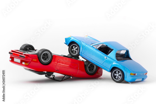 Close up two car accident scene, Car crash insurance. Travel, Transport and Accident concept. Isolated on white background.