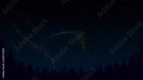 Pine forest, starry sky and Northern lights