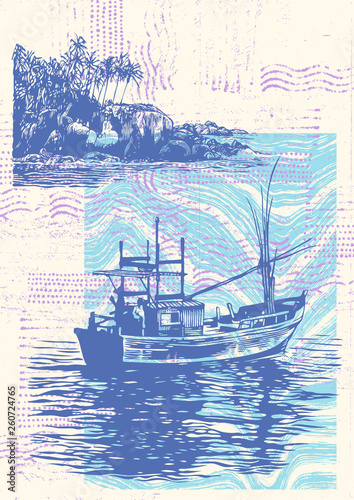 Fishing boat and Tropical Coast With Palm Trees And Rocks.  Hand Drawn Abstract Background In Engraving Style. Vector Illustration.
