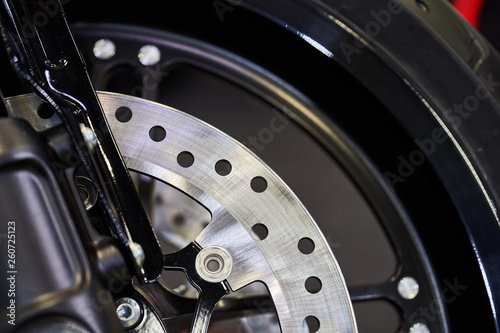 The front wheel of a modern motorcycle