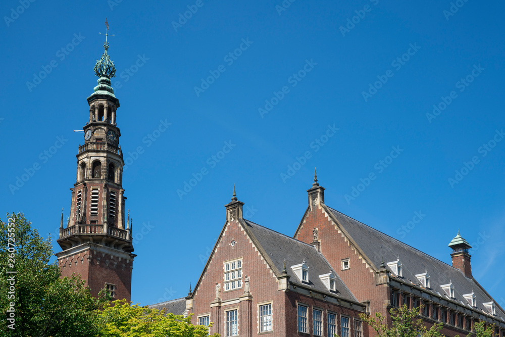 town hall of Leiden against blue sky, The Netherlands. Space for text