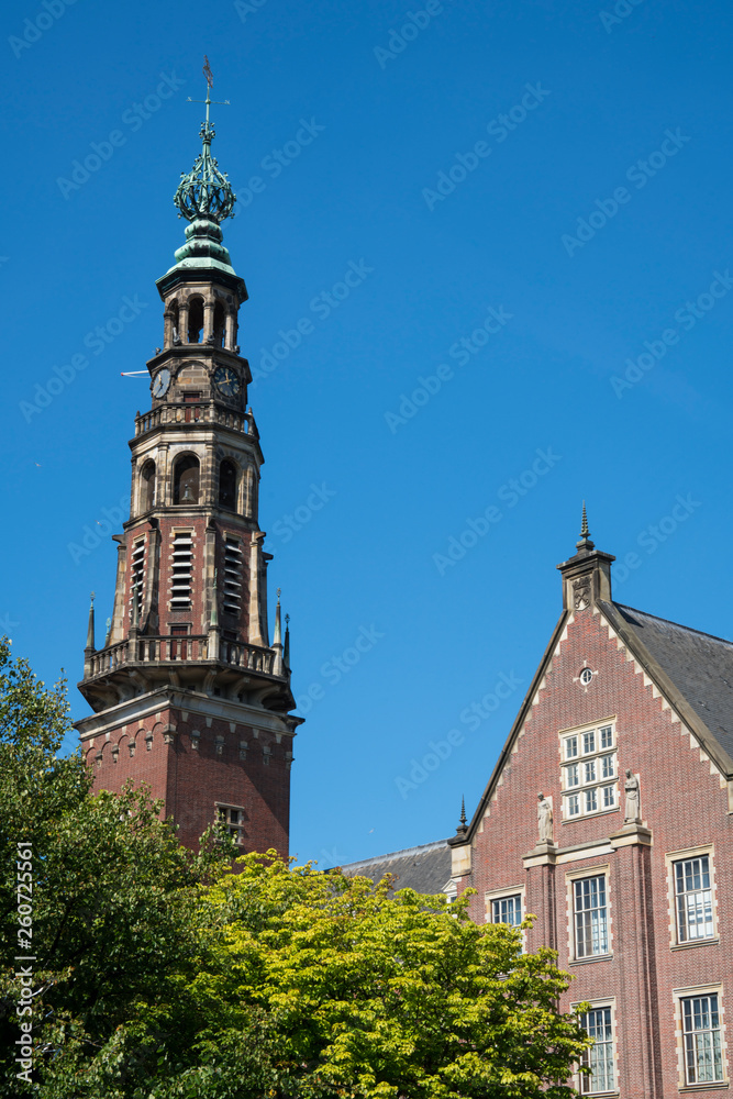 Obraz premium tower of town hall in Leiden, with trees, against blue sky, The Netherlands. Copy space