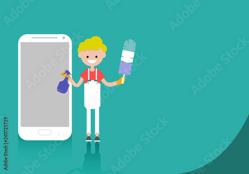 Young character cleaner standing near smartphone cleaner app.Space for your text.Flat cartoon design