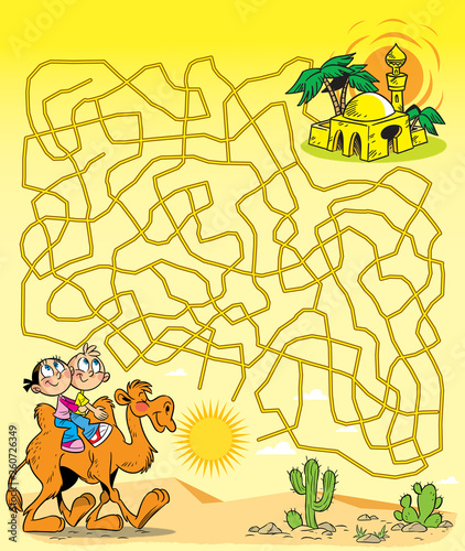 In vector illustration, a puzzle with children on a camel, who must find a way to an oasis through a maze