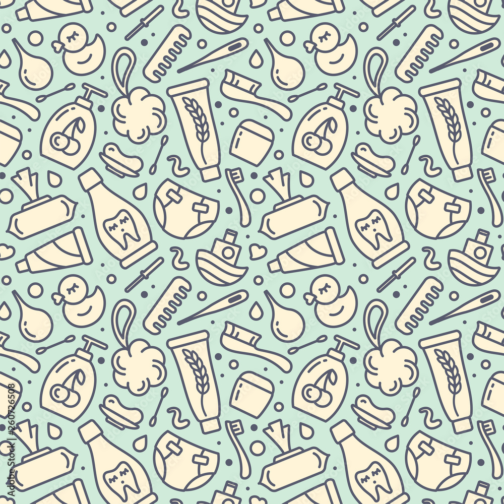 Seamless pattern with baby hygiene elements. Suitable for wallpaper, wrapping or textile Seamless pattern with baby hygiene elements. Suitable for wallpaper, wrapping or textile