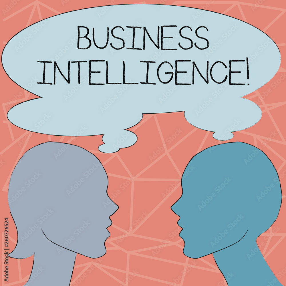 Conceptual hand writing showing Business Intelligence. Concept meaning strategies and technologies used by enterprises Silhouette Sideview Profile of Man and Woman Thought Bubble