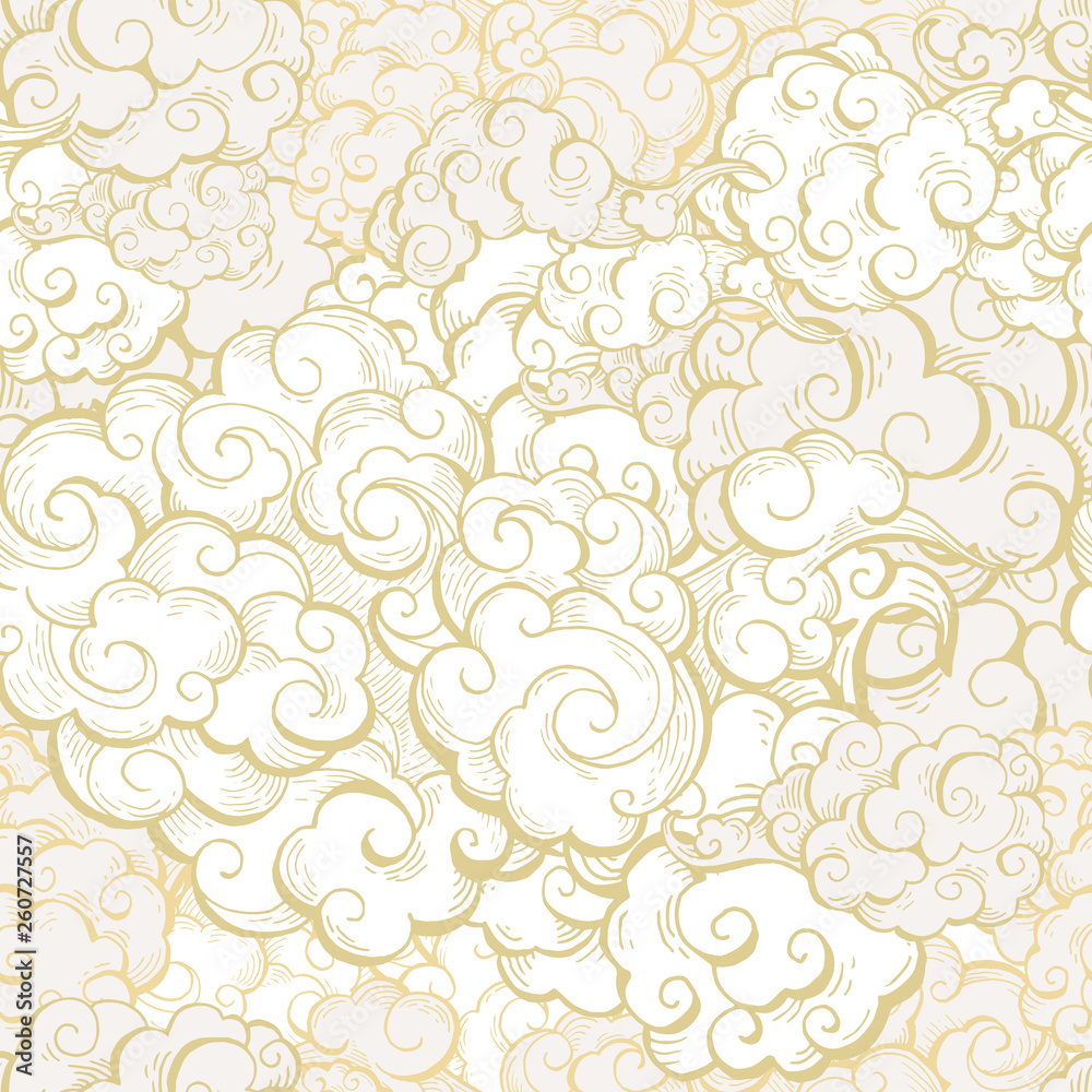 Chinese clouds hand drawn vector seamless pattern. Japanese, oriental style textile ornament. Golden outline swirls, curls background. Asian traditional holidays postcard backdrop, wrapping paper Chinese clouds hand drawn vector seamless pattern. Japanese, oriental style textile ornament. Golden outline swirls, curls background. Asian traditional holidays postcard backdrop, wrapping paper