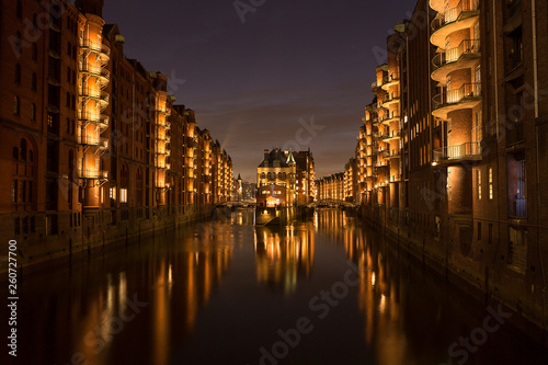 Speicherstadt of Hamburg, Germany at night