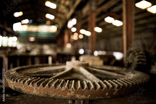 Old steel factory Retro photography Industrial, old factory, metal pipe, dark interior decoration of large hall for production or warehouse.soft focus.