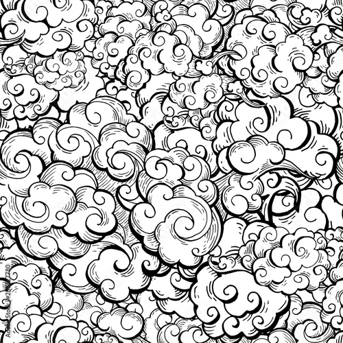 Chinese clouds hand drawn vector seamless pattern. Japanese, oriental style textile ornament. Golden outline swirls, curls background. Asian traditional holidays postcard backdrop, wrapping paper