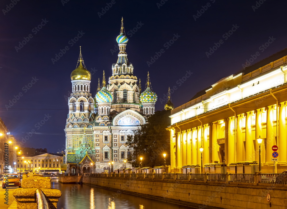 Church of the Savior on Spilled Blood (Spas na Krovi) on Griboedov canal at night, St. Petersburg, Russia