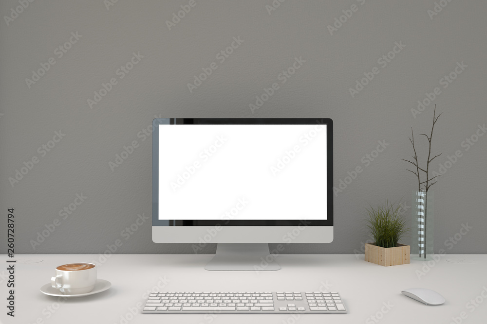 computer with blank screen on table computer with blank screen on table
