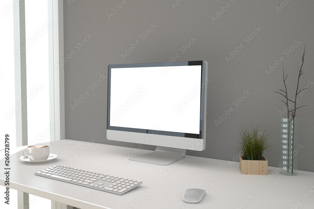 computer with blank screen on table computer with blank screen on table