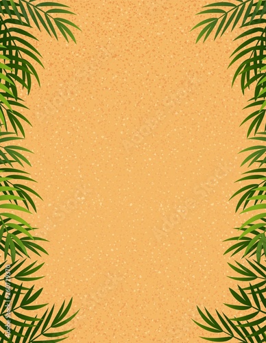 Summer template poster with sand background and palm branches. Promotion sale background