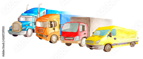 Watercolor park of trucks  lorries  van of different colors  truck models and designs stand side by side on a white background isolated