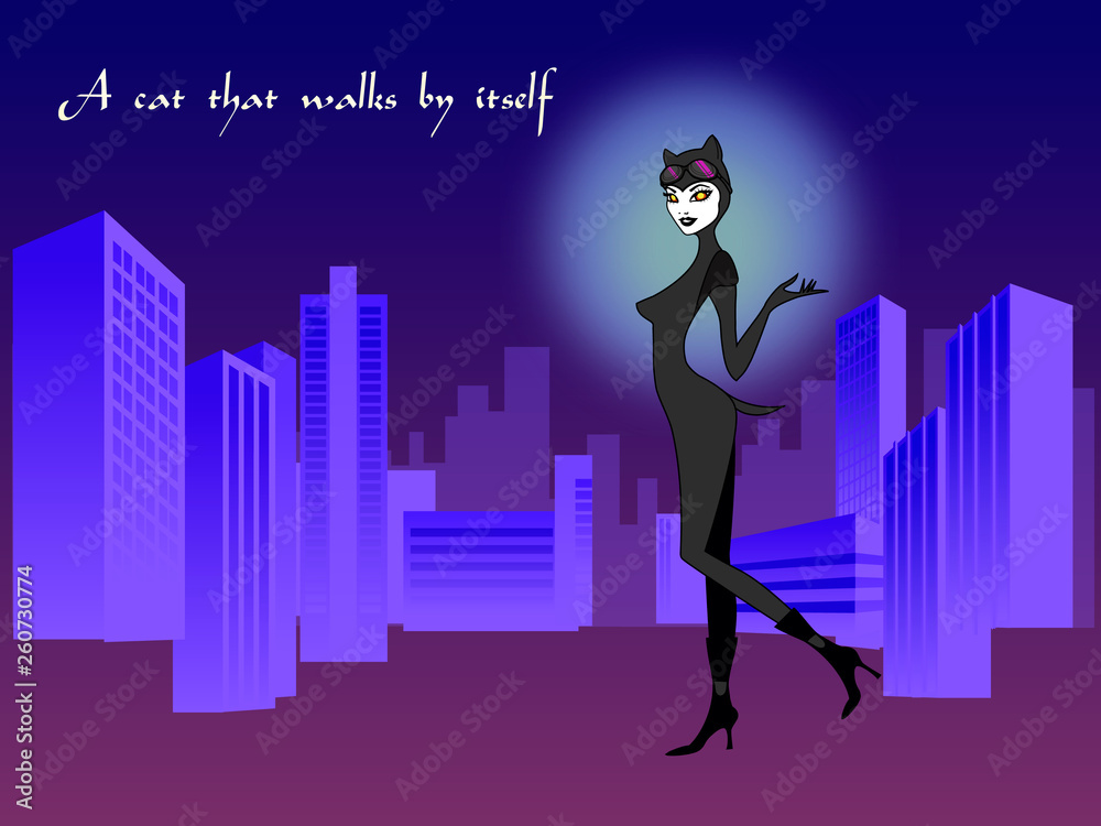 Cat girl who walks by itself. Evening urban, summer landscape, cartoon. Illustration, poster, postcard.