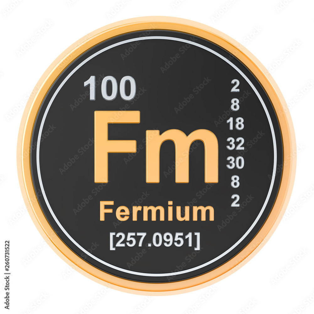 Fermium Fm chemical element. 3D rendering Fermium Fm chemical element. 3D rendering