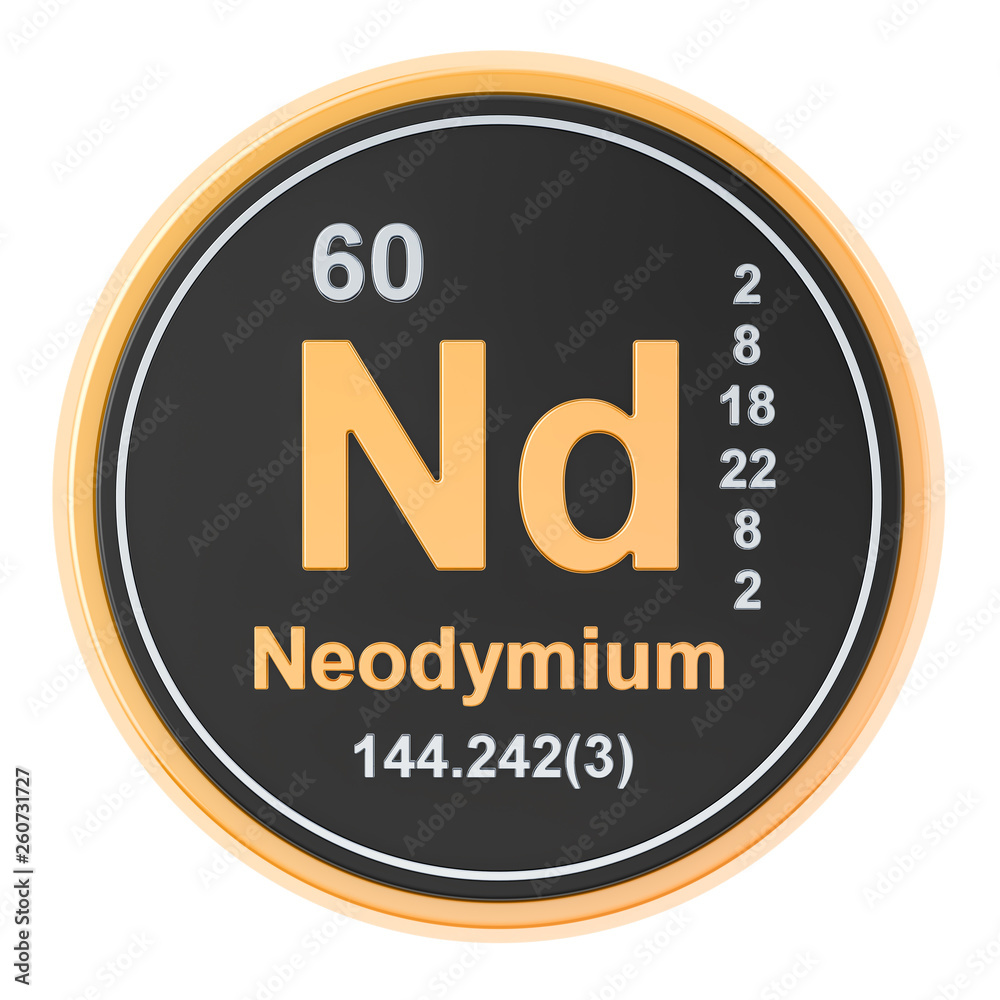 Neodymium Nd chemical element. 3D rendering Neodymium Nd chemical element. 3D rendering