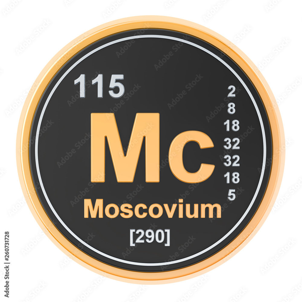 Moscovium Mc chemical element. 3D rendering