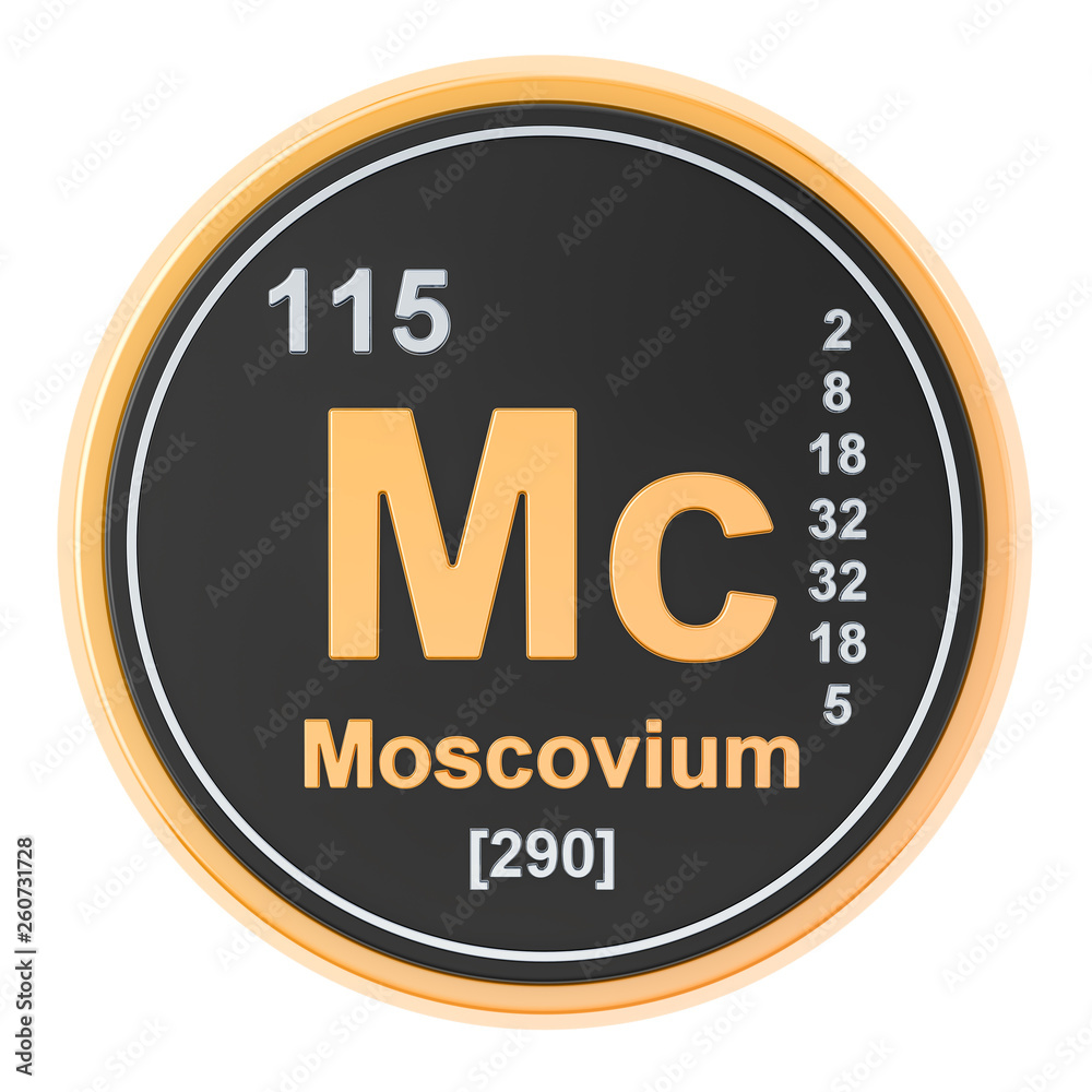 Moscovium Mc chemical element. 3D rendering Moscovium Mc chemical element. 3D rendering