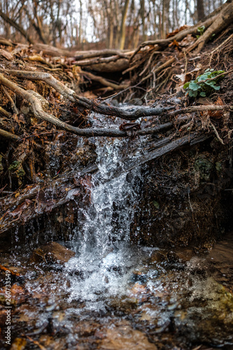 A small waterfall in a natural creek area   running rapid with spring snow melt 