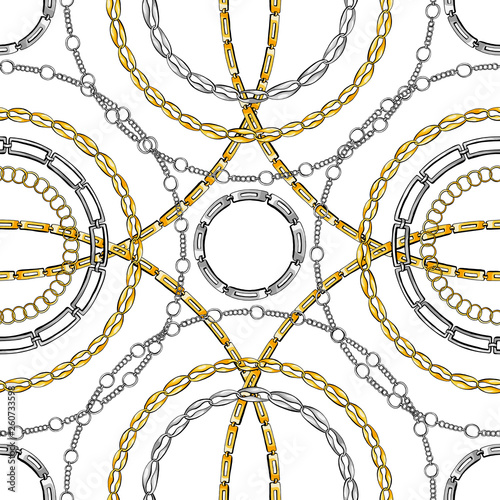 Chain rings hand drawn vector seamless pattern. Glamour ornate texture. Golden and silver chainlet on white background. Precious bijouterie ornament. Wallpaper, wrapping paper design