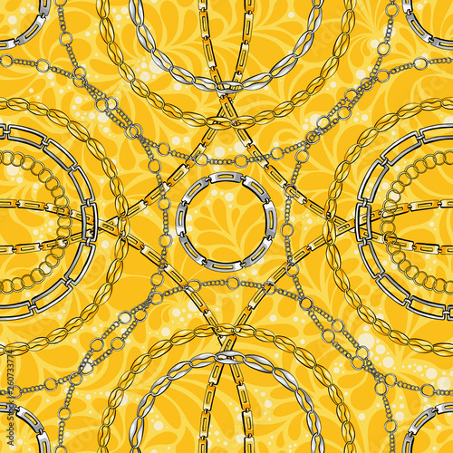 Chain rings hand drawn vector seamless pattern. Glamour ornate texture. Golden and silver chainlet on yellow background. Precious bijouterie ornament. Wallpaper, wrapping paper design