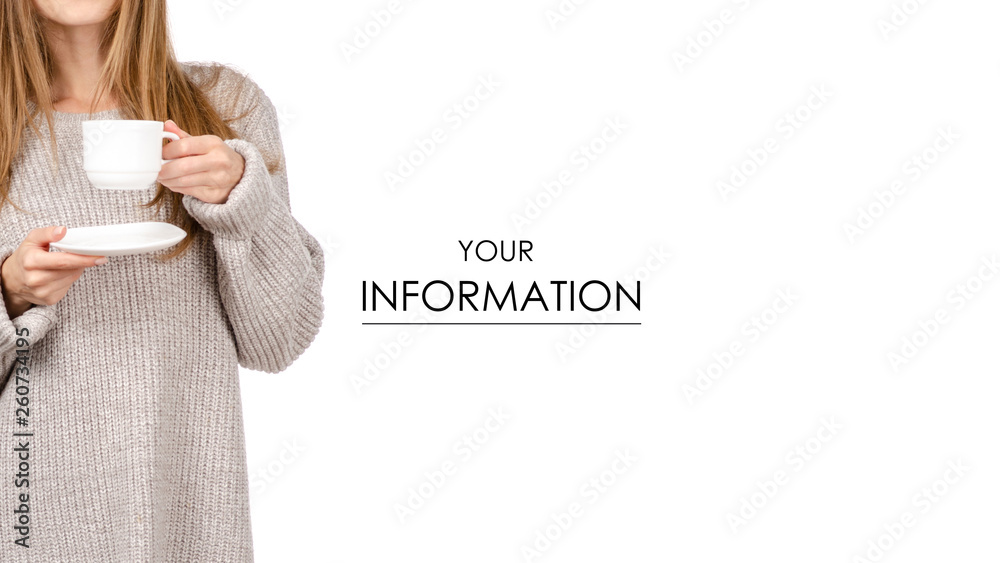 Young woman in sweater holding a white cup and saucer in hands, drinking hot coffee pattern on white background. Space for your logo or text. Young woman in sweater holding a white cup and saucer in hands, drinking hot coffee pattern on white background. Space for your logo or text.