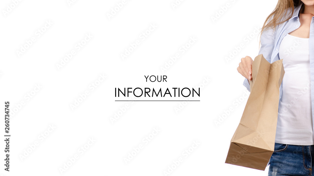 Obraz Woman holding a paper bag package food take and go pattern on a white background. Isolation