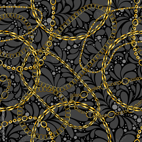 Damask seamless vector pattern with chains. Abstract ornate glamour texture. Golden and silver jewellery rings on dark background. Decorative bijouterie ornament. Wallpaper, wrapping paper design