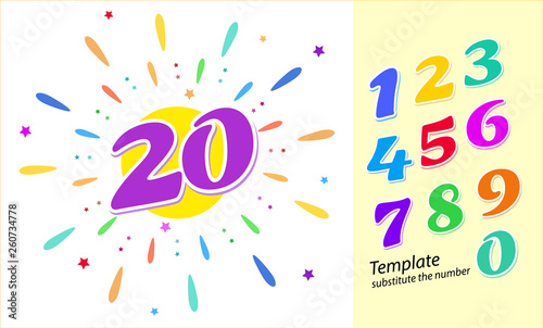 Colored cartoon numbers. Vector set of 1-9 digit. Template layout for greetings, the number 20 in color fireworks. Vector illustration.