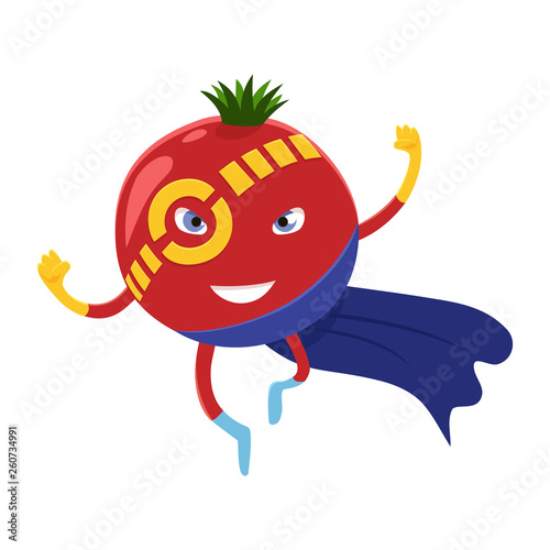 Cute happy tomato superhero cartoon character of a vegetable in costume, mask and cloak. Vector concept illustration in a flat style for a healthy eating and lifestyle.