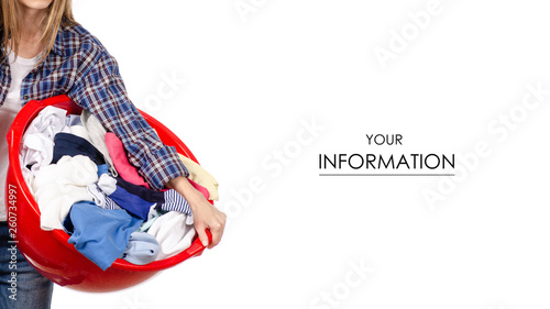 woman is holding a basin with laundry patetrn on white background isolation photo