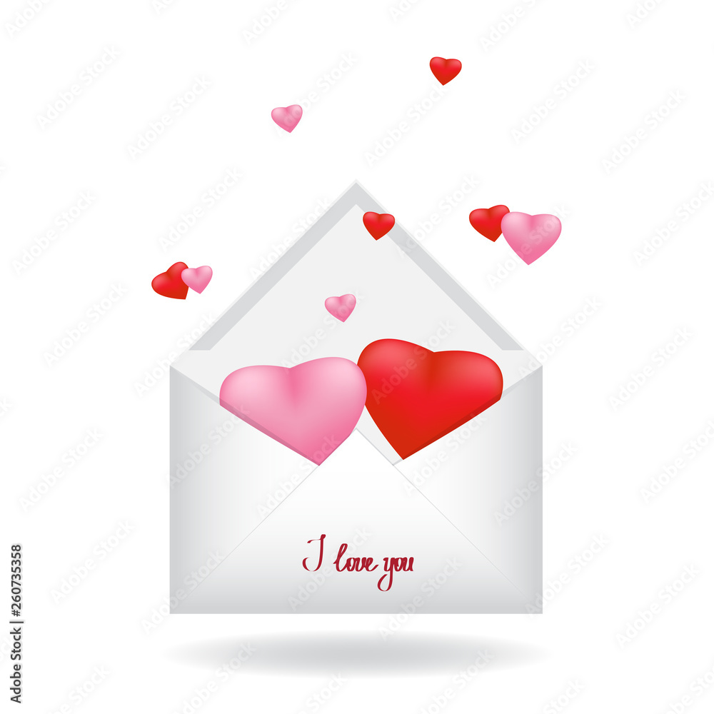 Two red and pink heart inside a simple white post envelope Two red and pink heart inside a simple white post envelope