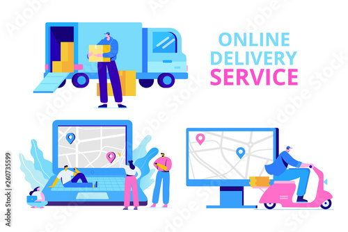 Online delivery service vector illustration. Online order tracking. courier holding a box. Flat illustration concept for digital marketing.