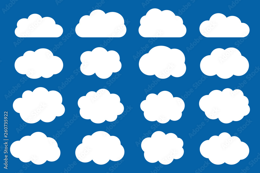 Set clouds isolated on blue background. Vector illustration