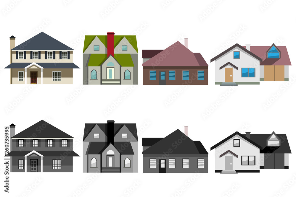 Set of four private homes in two color shapes, colored and black and white.