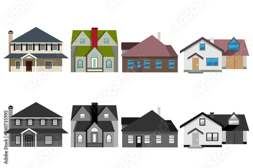 Set of four private homes in two color shapes, colored and black and white.