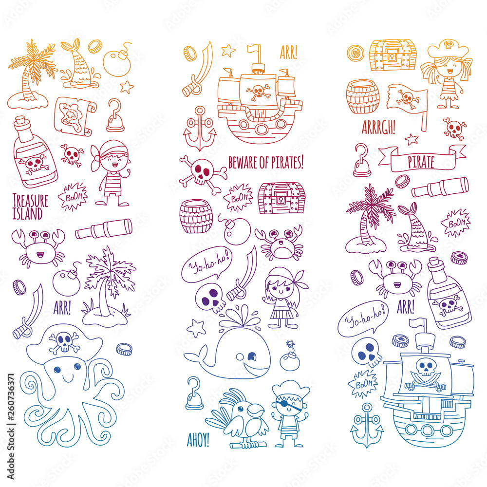Fototapeta premium Vector pattern with pirate icons. Adventure, birthday party.