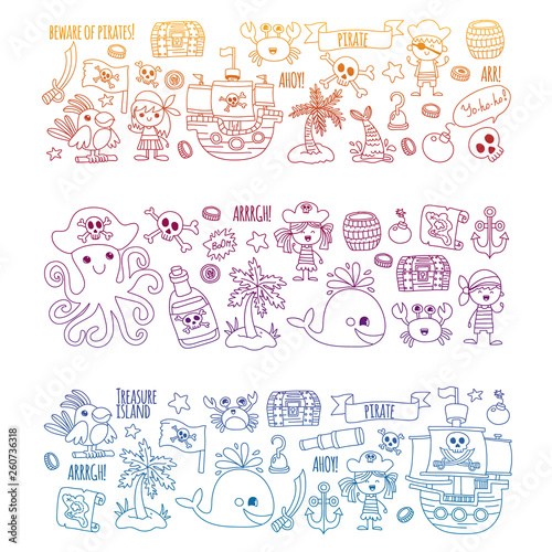 Vector pattern with pirate icons. Adventure, birthday party.
