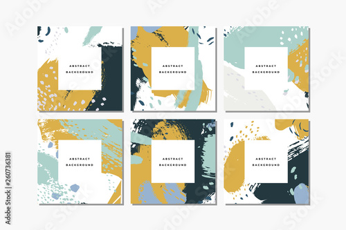 Set of pastel square hand drawn abstract backgrounds with artistic brush strokes and paint stains. Vector design for card, banner or social media post.