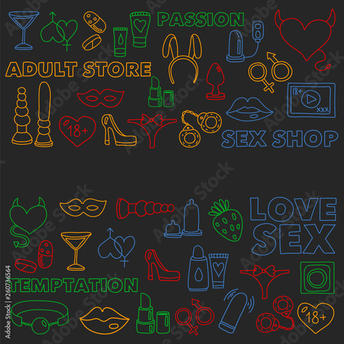 Vector set with sex shop icons. Erotic fetish games background.