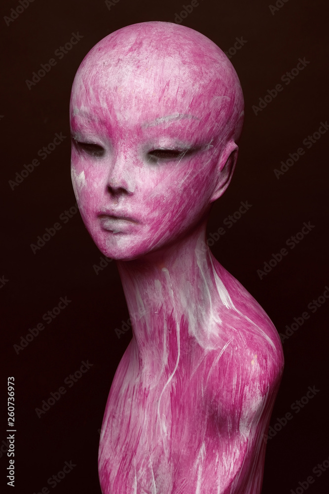 Female pink mannequin with stylish makeup over black studio background Female pink mannequin with stylish makeup over black studio background