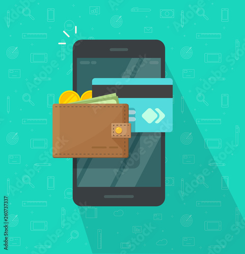 Electronic wallet on smartphone vector icon, flat design mobile phone screen with digital money wallet and credit card, internet banking, wireless money transfer, cellphone internet cash