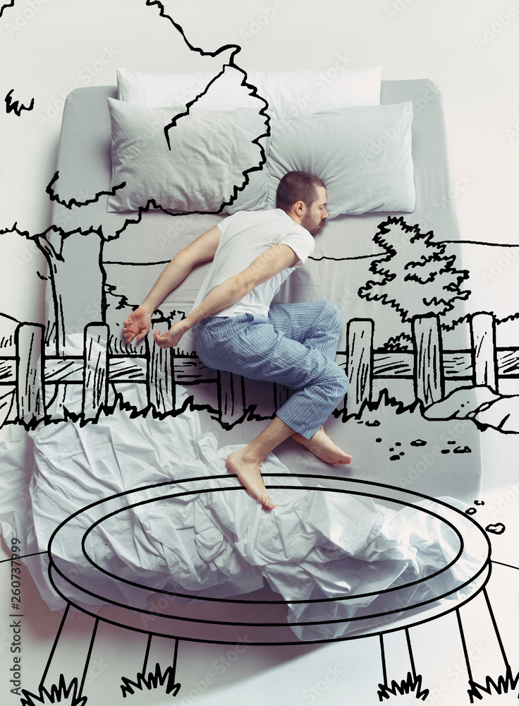 Trampoline jumping. Top view photo of young man sleeping in a big white bed  at home. Dreams concept. Painted dream about summertime, vibes, nature,  activity, sport, trees, weekend, resort, holidays. Photos