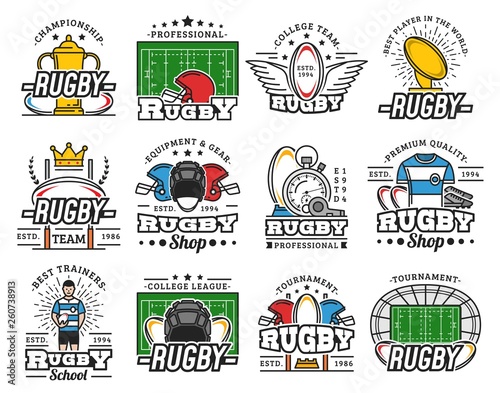 Rugby club championship, sport equipment icons