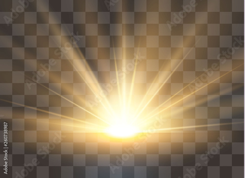 Sunrise, dawn. Vector transparent sunlight. Special lens flare light effect.
